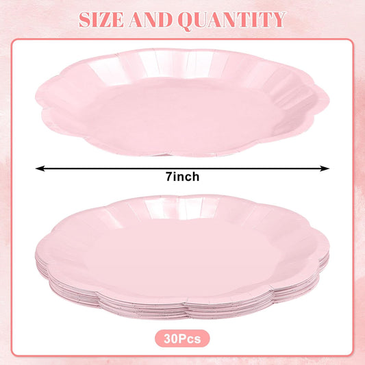 30pcs Light Pink Paper Plates, 7inch Scalloped Pink Dessert Cake Plates Disposable Pinks Birthday Supplies Small Party Plate for Weeding, Birthday, Baby Shower