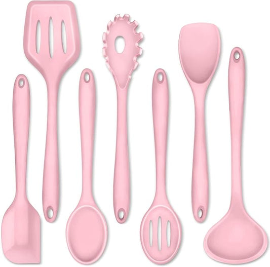 P&P CHEF Silicone Cooking Utensils Set of 7, Heat-proof Kitchen Utensils Set for Nonstick Cookware, Non-stick Spatula, Slotted Turner, Soup Ladle, Pasta Server, Spoon for Cooking Serving - Pink
