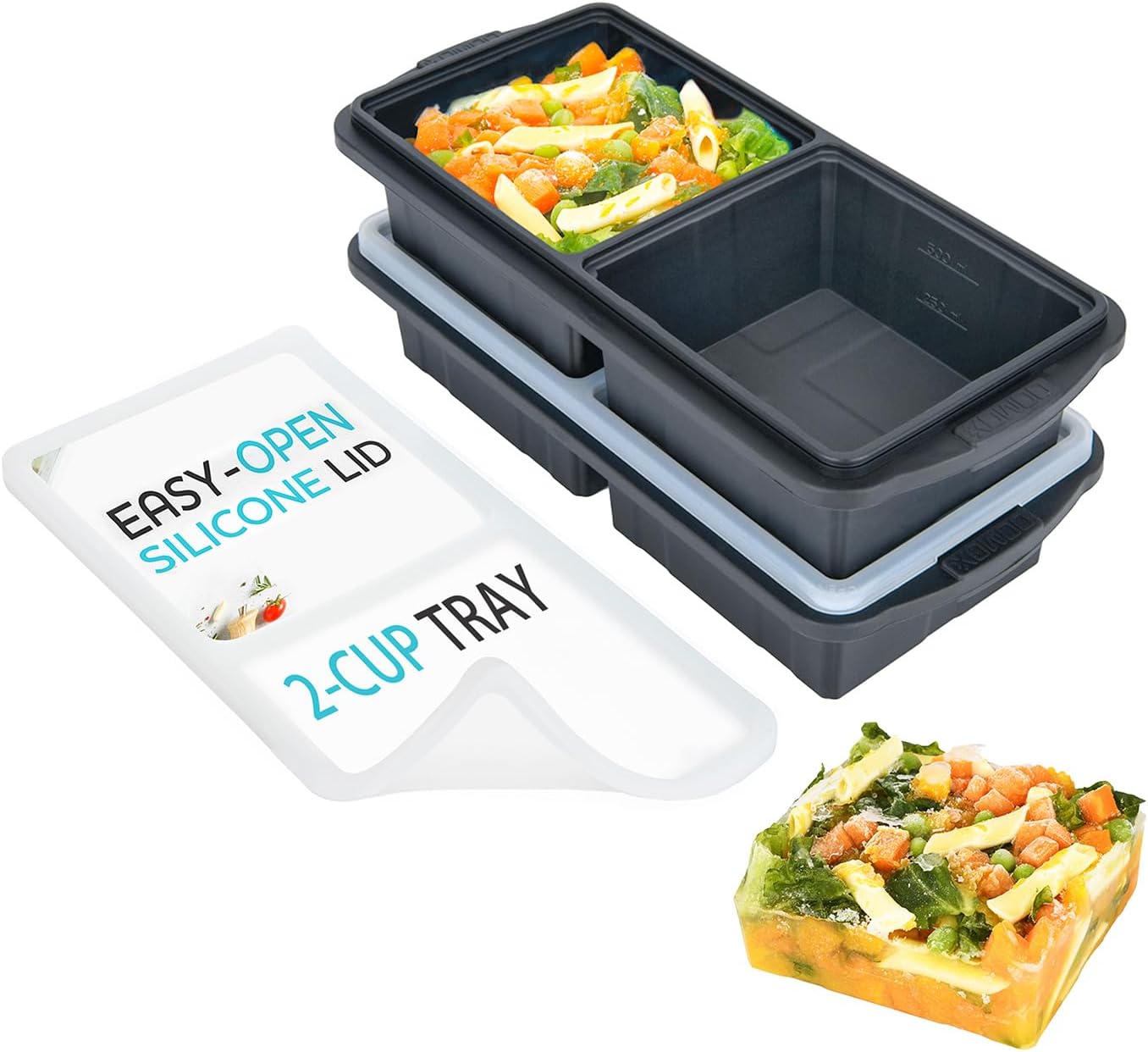 Silicone Freezer Tray With Lid-Soup Freezer Container molds-2-cup Extra Large Ice Cube Tray-makes 4 perfect 500ml portions cubes, For freezing soup,stews,sauces.Oven&Dishwasher-Safe(2-Pack)