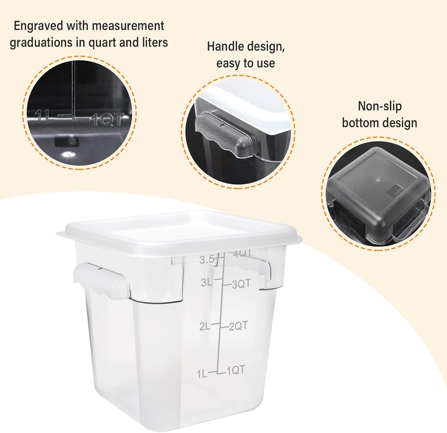 Food Storage Container with Lid (2 Pack 4Qt),Square Commercial Containers with Scales and Handles Polycarbonate Clear Food Storage for Kitchen Proof Dough Marinating Meat Fruits Vegetables