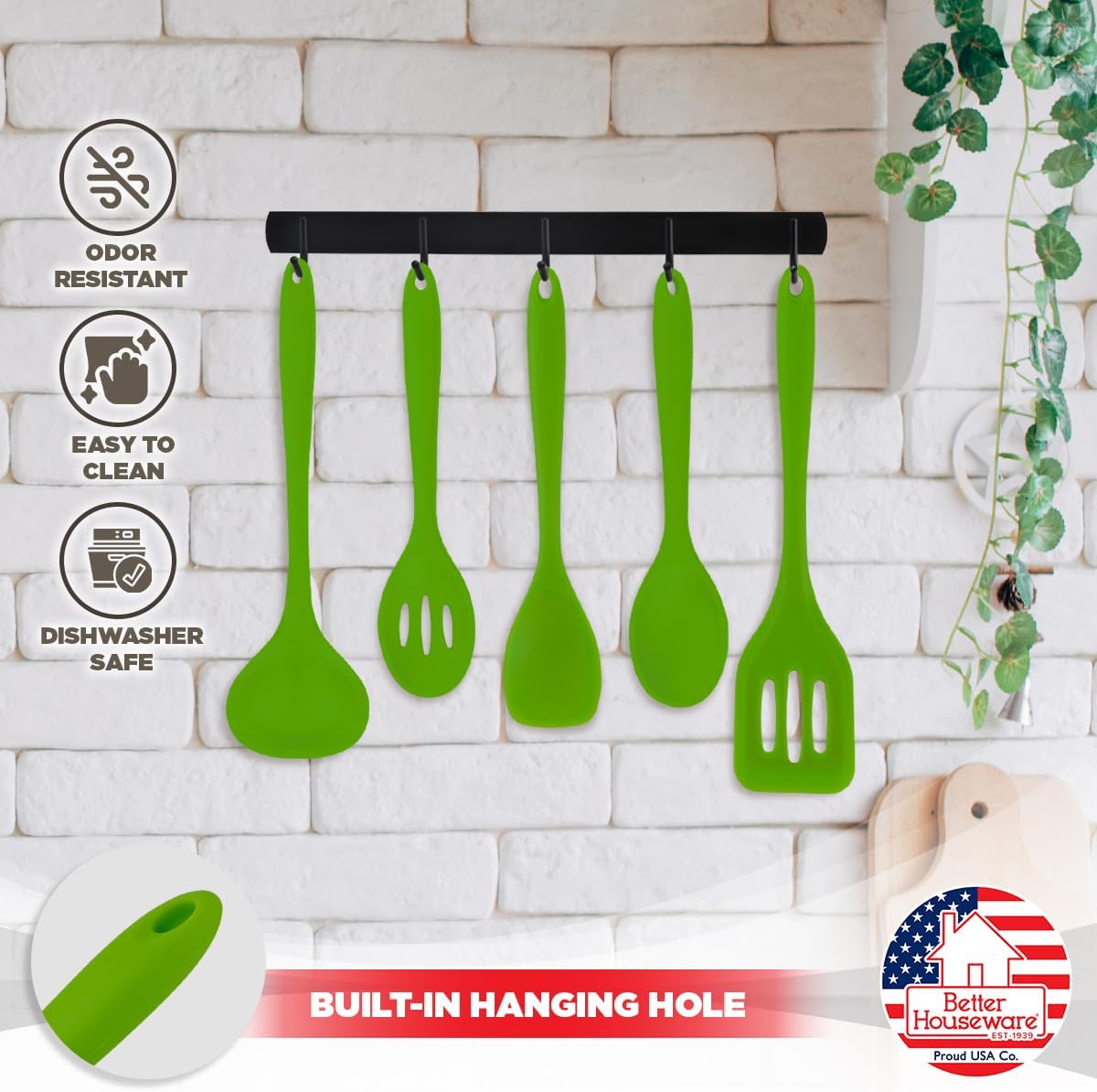 Better Houseware Silicone Cooking Utensil Set - 5 Piece Green Silicone Kitchen Utensils - Stain & Odor Resistant, Heat Resistant, Dishwasher Safe