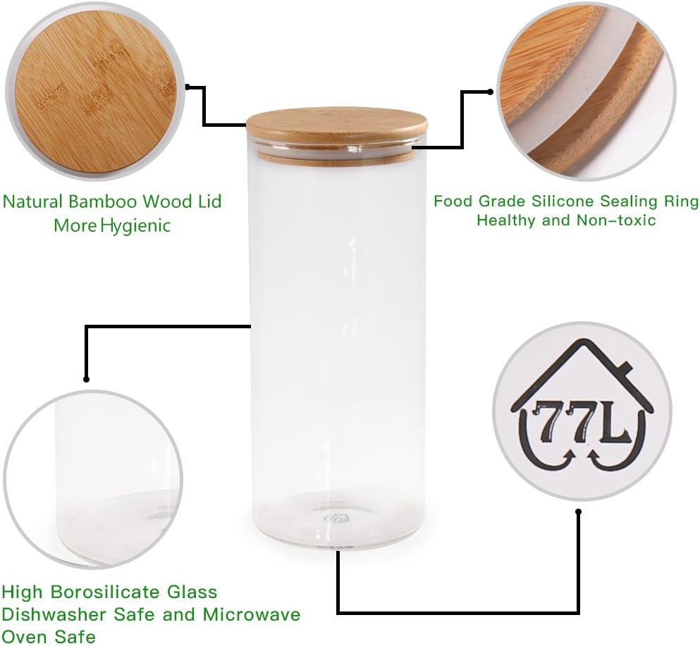 Glass Coffee Bean Container, 52.36 FL OZ (1550 ML), [Thickened Version] 77L Glass Food Storage Jar with Airtight Seal Bamboo Lid - Clear Food Storage Canister for Serving Tea, Coffee, Spice and More