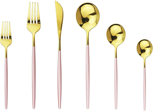 JASHII 18/10 Silver Silverware Set Stainless Steel Flatware Utensils Set Gold Cutlery Set| 24-Piece Modern Cubiertos Dorados| BEST Birthday Wedding Gift (4 Sets, Pink Handle Gold Mirror Polish)