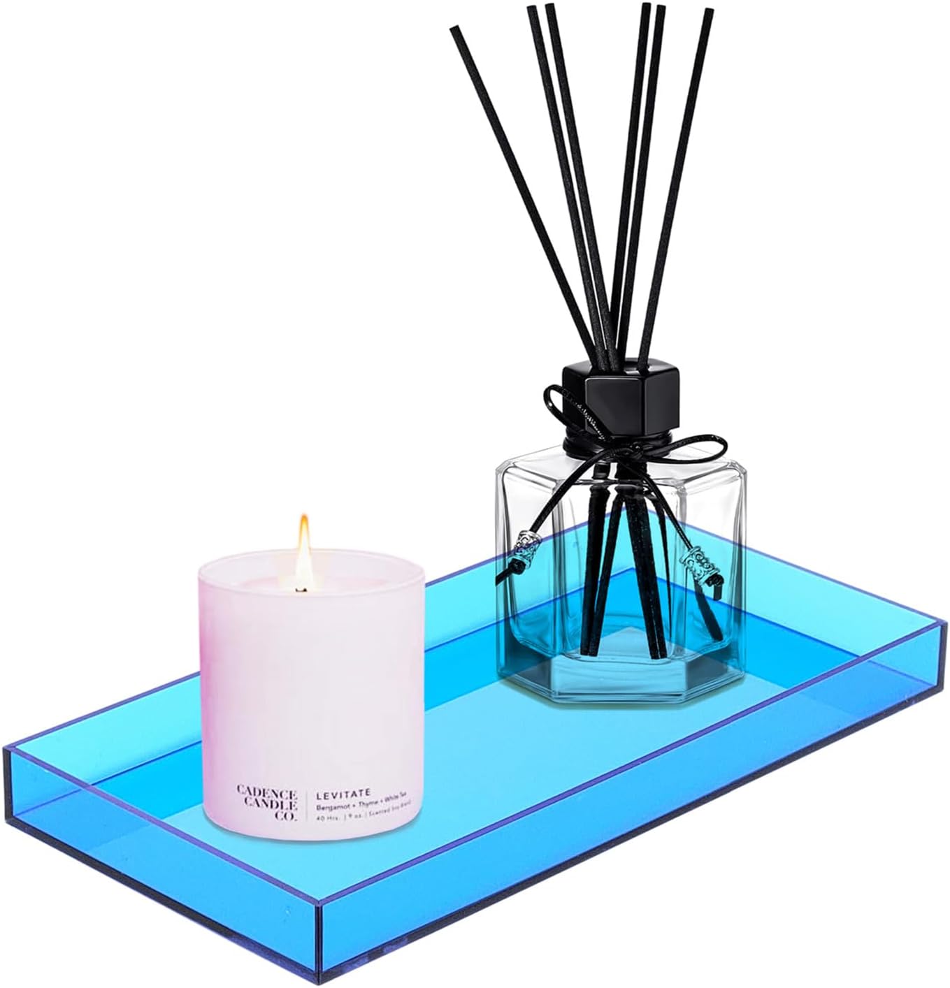 ROYALITA Acrylic Tray Bathroom Tray for Countertop, Guest Towel Holder Tray for Napkin Perfume Jewelry Makeup, Vanity Trays for Soap Dispenser, Aromatherapy, Cup & Candle, Blue