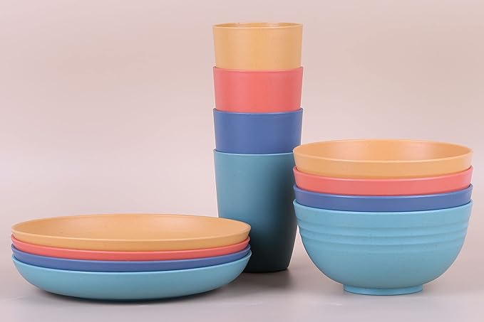 LuckyZone Wheat Straw Unbreakable Cup - 12 oz Reusable Drinking Glasses Sets for Kitchen, Home - Dishwasher Safe Tumbler - BPA Free & Eco-Friendly (12Pcs/6Color)