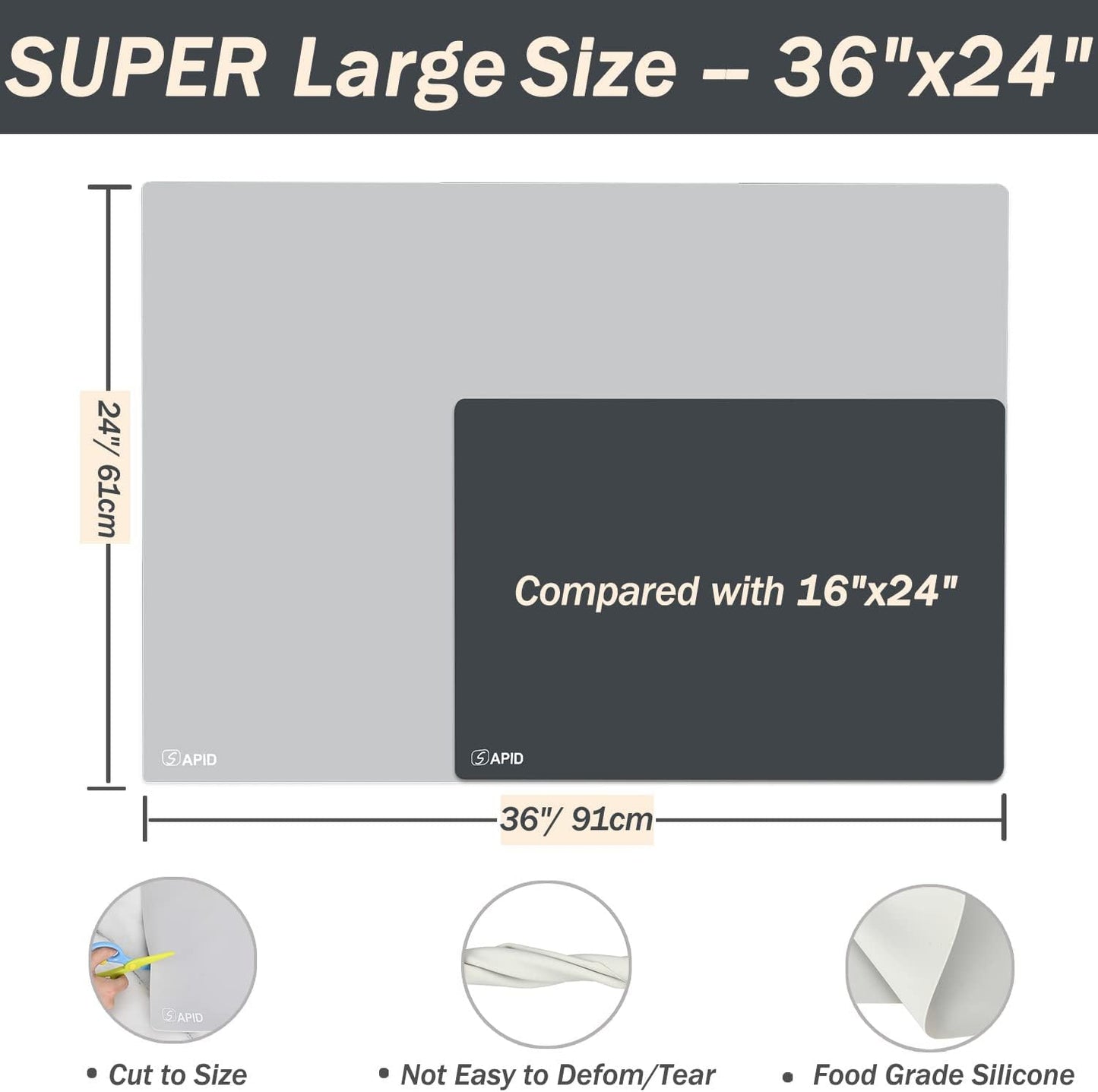 Extra Large Silicone Mat 36" x 24" Place Mats, Heat Resistant Mat for Kitchen Countertop Protector, Thick Placemats Washable Silicone Mats for Kitchen Counter Mat Dining Table Mat, Grey, Sapid