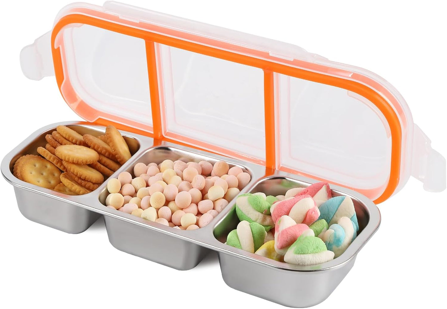 Stainless Steel Snack Containers with Lids, 3 Compartment Leakproof Reusable Snack Box for Nuts, Fruits- Divided Grab & Go Container for School, Office, Travel