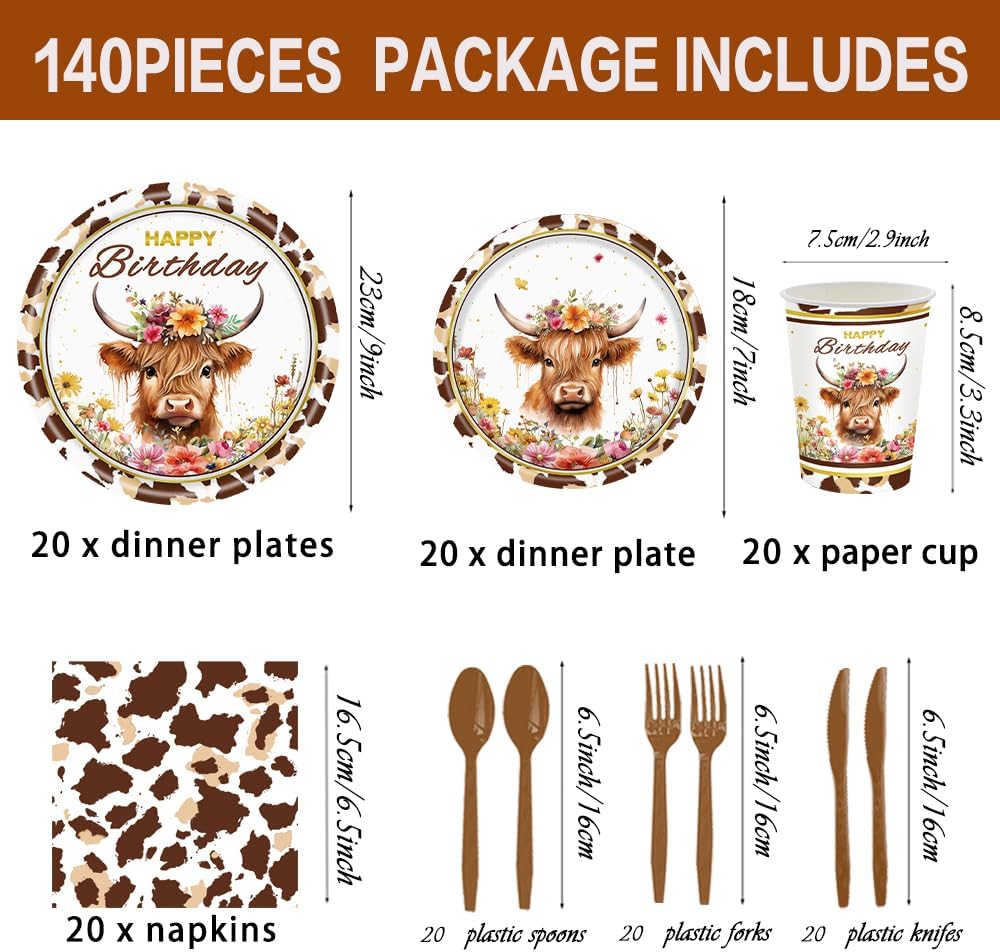 140 Pcs Highland Cow Birthday Party Supplies Holy Cow Highland Themed Baby Shower Birthday Party Decorations Disposable Tableware Set Plates Napkins Cups Serves 20