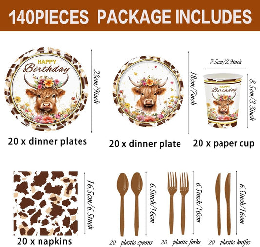 140 Pcs Highland Cow Birthday Party Supplies Holy Cow Highland Themed Baby Shower Birthday Party Decorations Disposable Tableware Set Plates Napkins Cups Serves 20