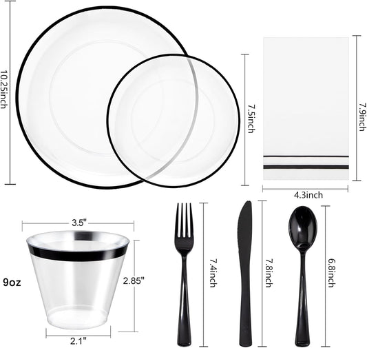 NOCCUR 350PCS Clear and Black Plastic Plates - Disposable Dinnerware Set for 50 Guests Include 100 Dinner/Dessert Plates,150 Black Cutlery,50 Cups&50 Napkins Ideal for Party, Birthday, Halloween