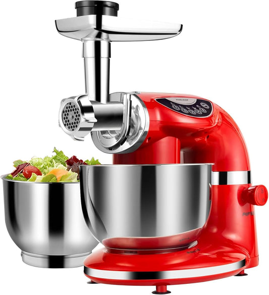 Aifeel Stand Mixer, 8.5QT+ 6QT Two Stainless Steel Bowls Electric Food Mixer, 7 in 1 Multifunctional Kitchen Mixer with Dough Hook, Whisk, Beater, Meat Grinder,Pasta & Cookie Maker-Red