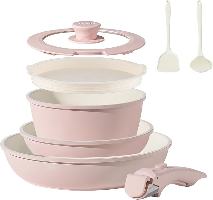 8PCS Ceramic Cookware,Nonstick Ceramic Pan, Removable Handle Pots and Pans Set, Stackable Pan Set, Nonstick Pots and Pans Set Non Stick pot(Pink)
