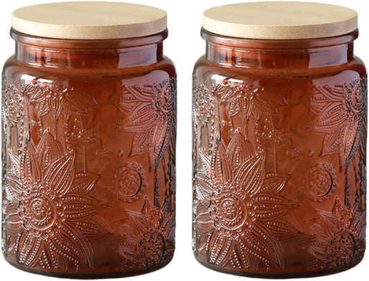 ANSQU Set of 2 Vintage Glass Kitchen Storage Counter Jar, 23.7 FL OZ Candy Jars with Lids, Coffee Container for Ground Coffee, Mason Jar Hold Tea, Sugar, Bath Salts & More (Brown, 2 Pack)