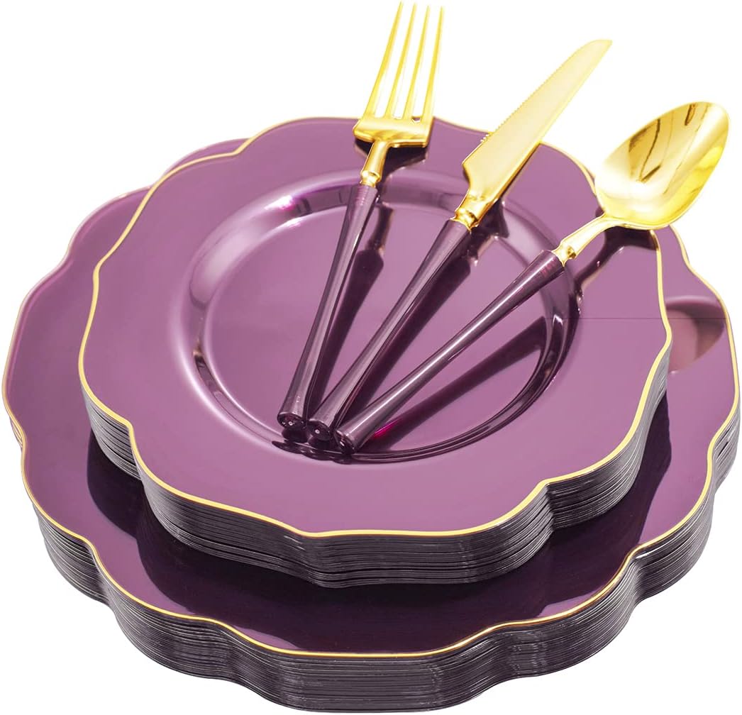 Ciaell 120PCS Clear Purple Plastic Plates - Purple Party Disposable Gold Plastic Plates including 48Plates, 24Forks, 24Spoons, 24Knives for Party & Wedding & Halloween