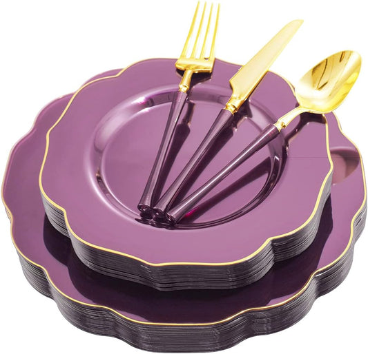 Ciaell 120PCS Clear Purple Plastic Plates - Purple Party Disposable Gold Plastic Plates including 48Plates, 24Forks, 24Spoons, 24Knives for Party & Wedding & Halloween