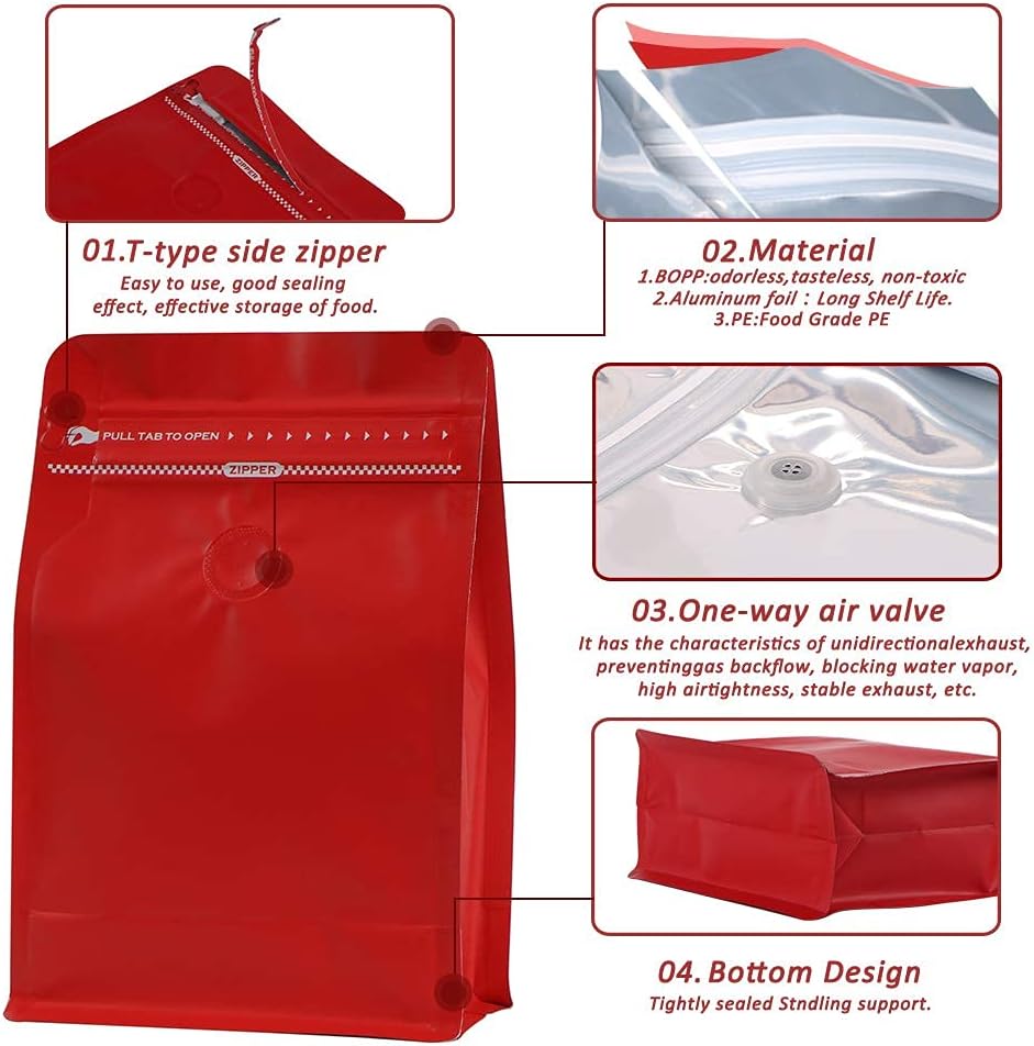 REMTAP Coffee Bags with Valve (50pcs,8oz) Red High Barrier Aluminumed Foil Flat Bottom Standing Coffee Beans Storage Bags,Reusable Heat Sealable Side Zipper Pouches for Home or Store