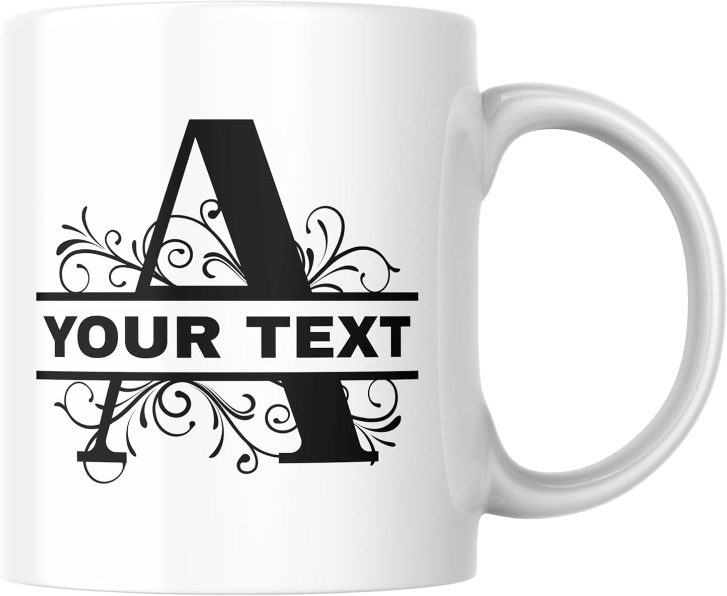 Customizable 11oz Coffee Mug - Sublimated Printed Mugs with Personalized Text, Names, and Initials. Perfect as Gifts for Men and Women for Birthdays (White Mug) (Monogram Black)