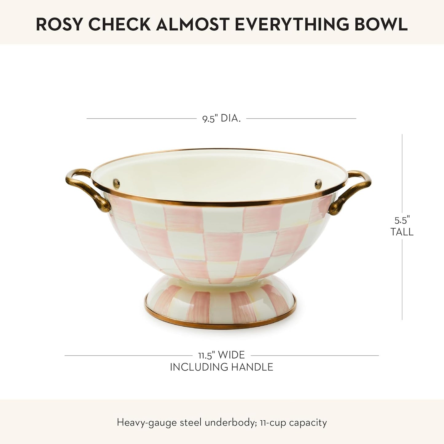 MACKENZIE-CHILDS Enamel Bowl, Serving Bowl for Entertaining, Almost Everything Bowl, Medium, Pink-and-White Rosy Check