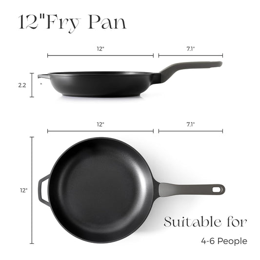 PRICUSIS Nonstick Frying Pan, 8/10/12 Inch Skillet with Stay Cool Handle, Fully Coated, Induction Compatible & Oven Safe, 100% Dishwasher Safe, PTFE & PFOA Free（12 Inch, Black Sesame）