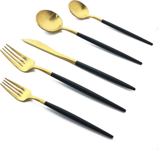 Silverware Set, Hand polished Matte Gold Black Flatware Cutlery Set Service for 4, Satin Finish 20 Pieces 18/10 Stainless Steel Utensils Set for Home and Restaurant, Dishwasher Safe