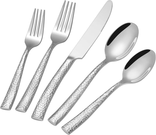 20-Piece Silverware Set, Ollex Stainless Steel Hammered Flatware Cutlery Set for 4, Mirror Polished Kitchen Utensils included Silver Knives Spoons and Forks Set Dishwasher Safe