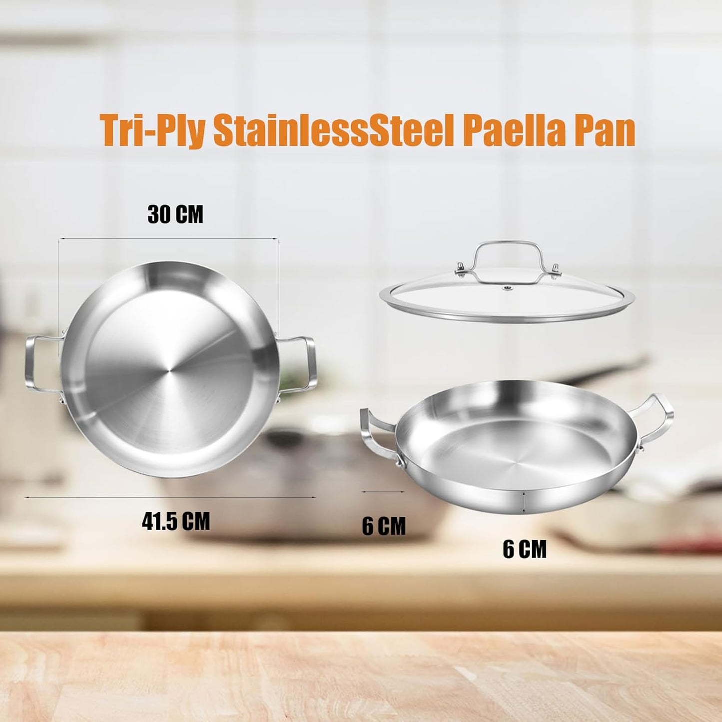 Inqibee 12-Inch Tri-Ply Stainless Steel Paella Pan with Lid,Stir Fry Pan,Omelet Pan,Large Skillet,Induction Cooking Pan,Heavy Duty,Dishwasher and Oven Safe.