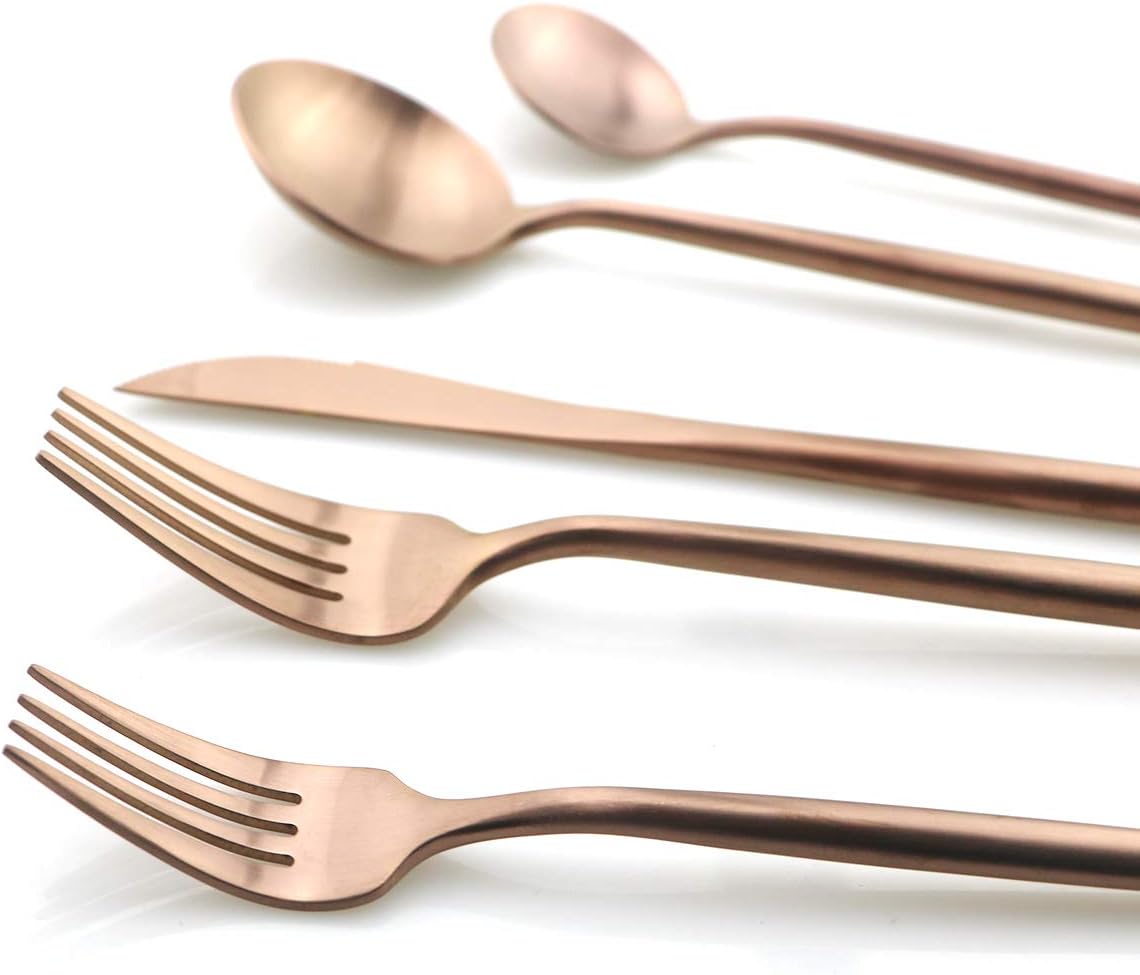 Gugrida 5 Pieces Matte Rose Gold Flatware Set, 18/10 Stainless Steel Cutlery Sets Including Knife Fork Spoon w/Dessert Fork Teaspoon, Silverware Sets Service for 1