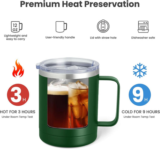 MEWAY 12oz Coffee Mug With Handle and Sliding Lid,Stainless Steel Travel Tumbler Cup with Handle,Double Wall Vacuum Insulated Camping Cup for Hot & Cold Drinks Tea (Forest Green,Set of 1)