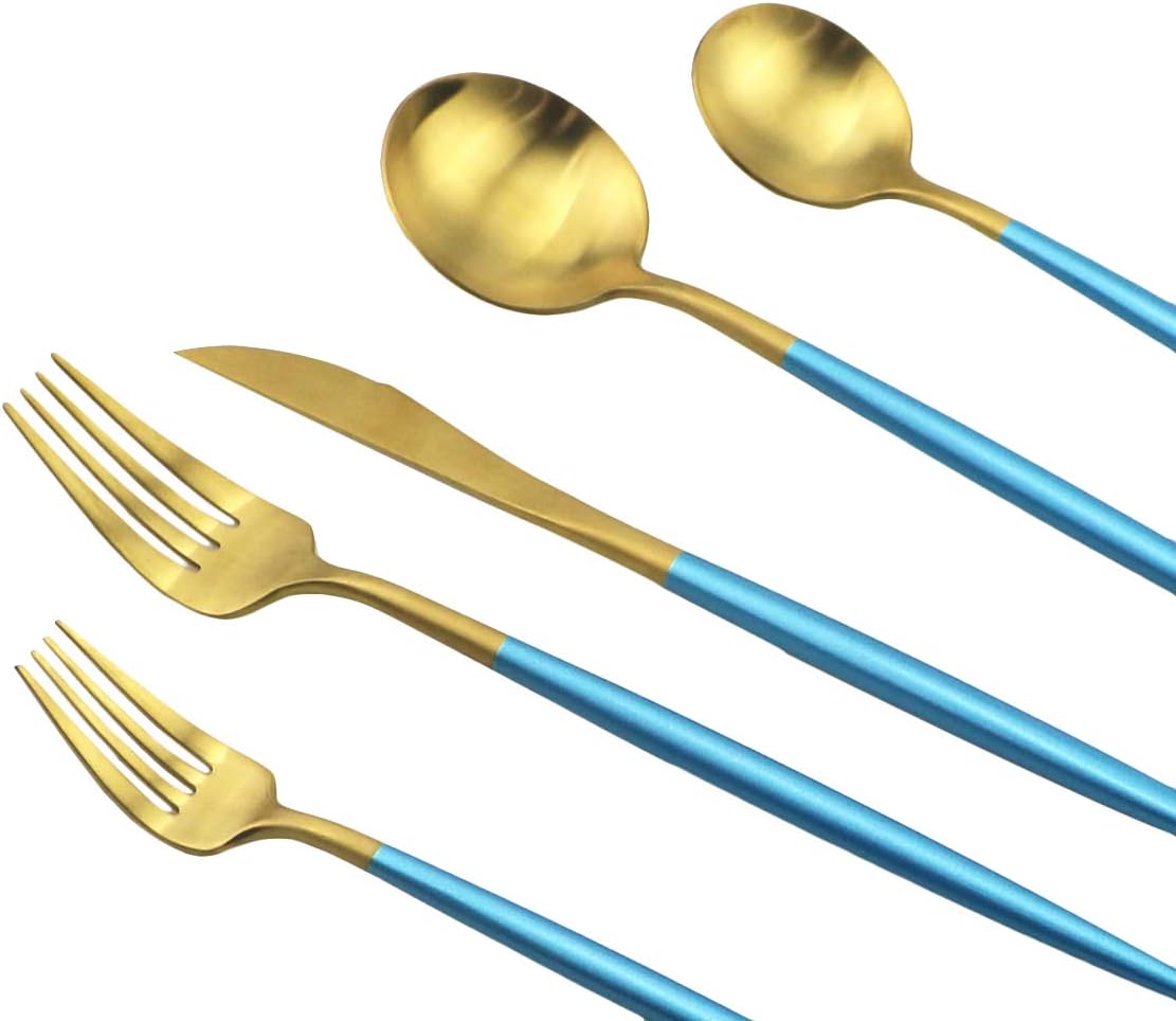 JASHII Silverware Sets, 20-Piece Flatware 18/10 Stainless Steel Heavy Weight Forged Cutlery Eating Utensils Forks Spoons Knives Set Tableware Service for 4 Matte Finished (Blue & Gold)
