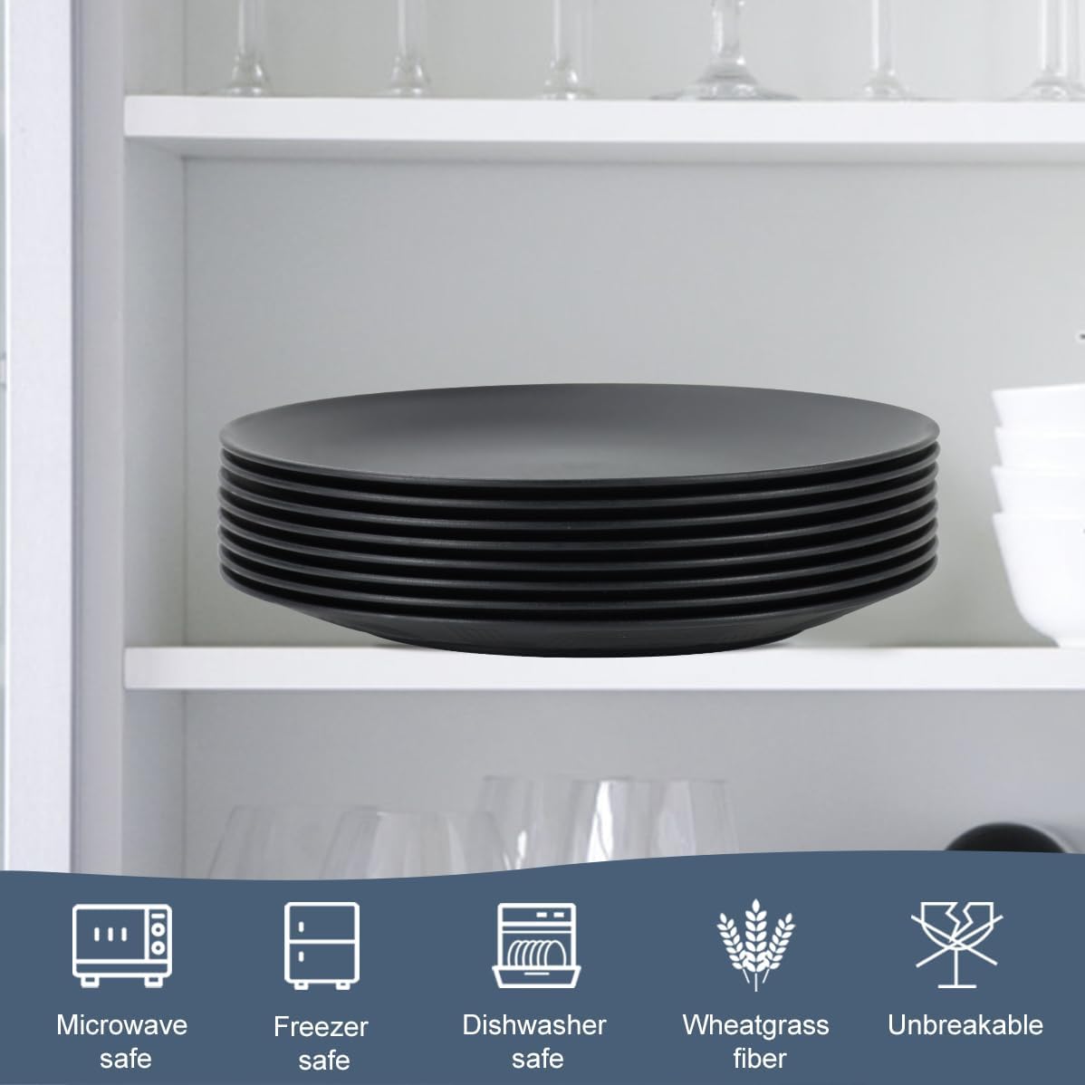 Homienly Dinner Plates Set of 8 Unbreakable Wheat Straw Plates with Textured Design - Microwave & Dishwasher Safe - Perfect for Camping, Kitchen Use - Black, 9 inch