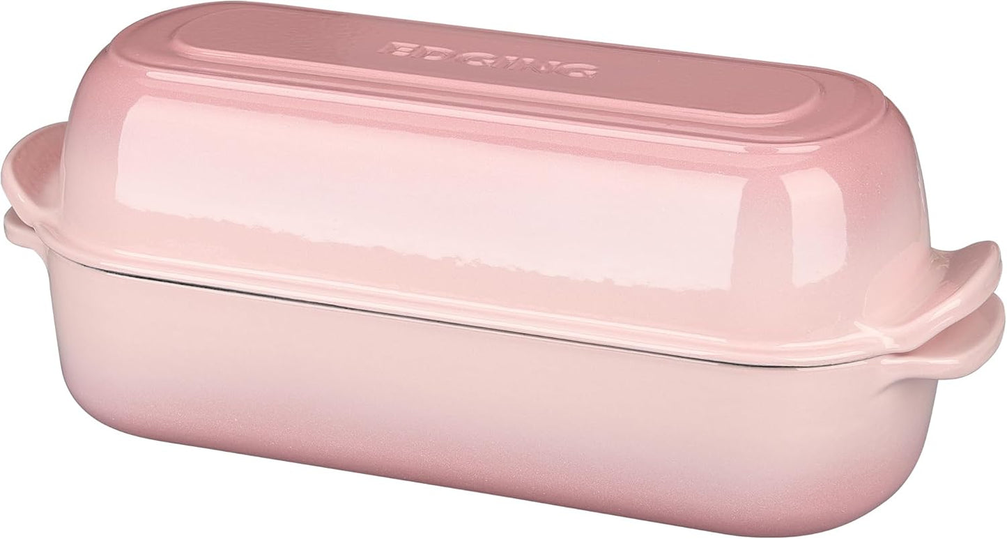 Enameled Cast Iron Loaf Pan with Lid, Dutch Oven Bread pan for Homemade Sourdough Bread Baking, 12.5x5.5 inch, 5qt, Pink