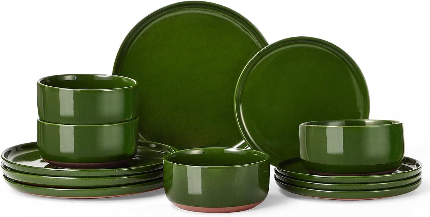 GZG Modern Art Series - 12 Pcs Speckled Stoneware Plates and Bowls Sets, Ceramic Dinnerware Set with Rustic Terracotta Underside, Microwave and Dishwasher Safe Handcrafted Dishes Set - Verdant Green