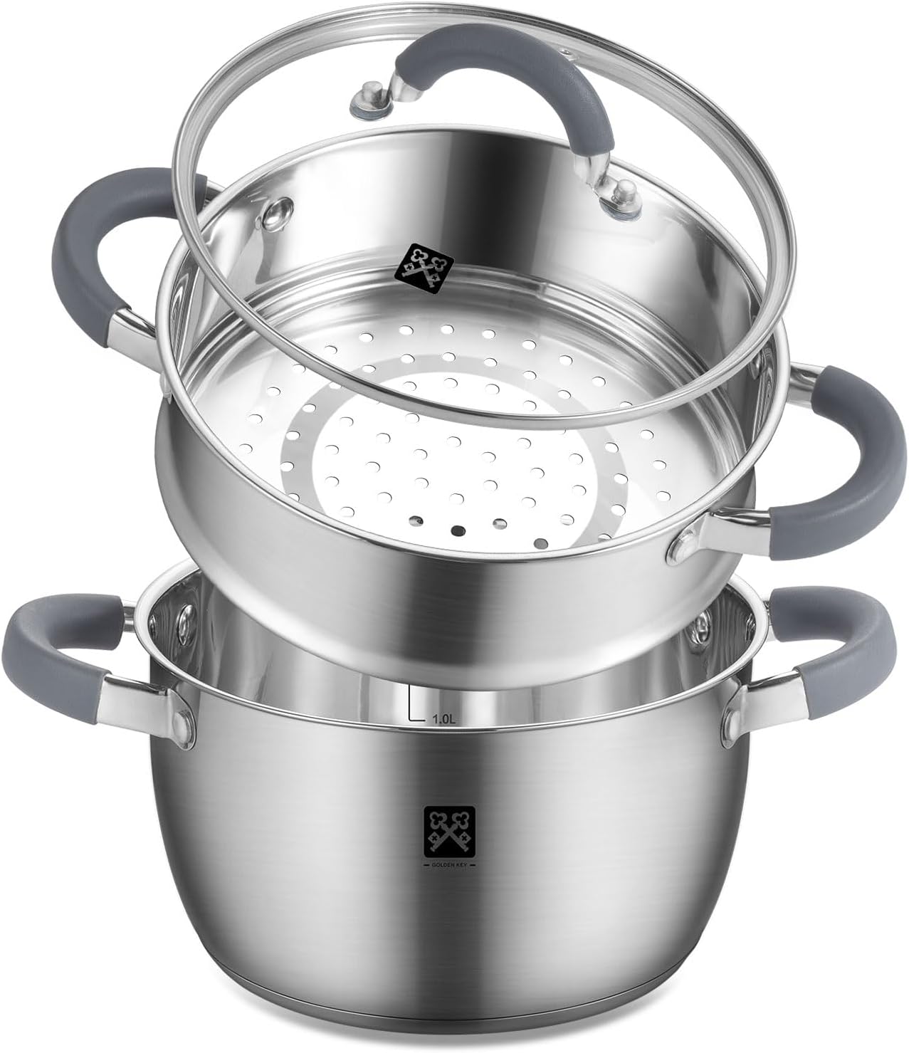 GOLDEN KEY 4.0 QT Steamer for Cooking,Steamer Pots with Vegetable Steam Basket,2-Tier Multipurpose 18/8 Stainless Steel Steaming Pot Cookware for Vegetable,Soup, Food,Dumplings,Oven & Dishwasher Safe