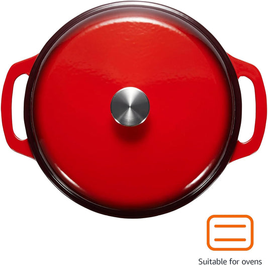 Amazon Basics Cast Iron Dutch Oven Pot with Lid, Enameled, Round, Dual Handles, Heavy-Duty, Medium, 6-Quart, Red