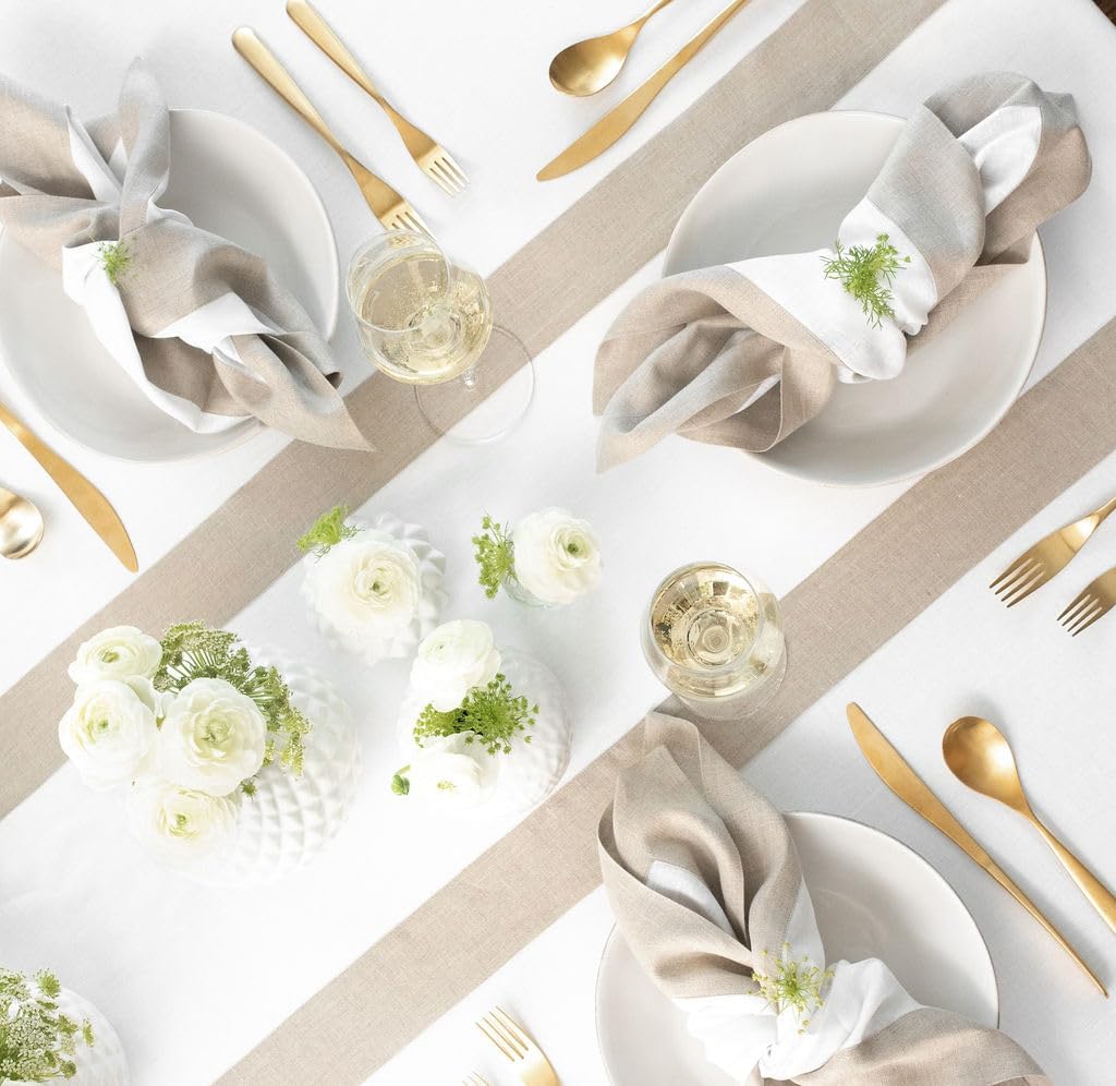 Solino Home Linen Table Runner 108 Inches Long - 100% Pure Linen Natural and White Dining Table Runner 14 x 108 Inch for Fall, Autumn, Thanksgiving, Christmas, Holiday - Contempo