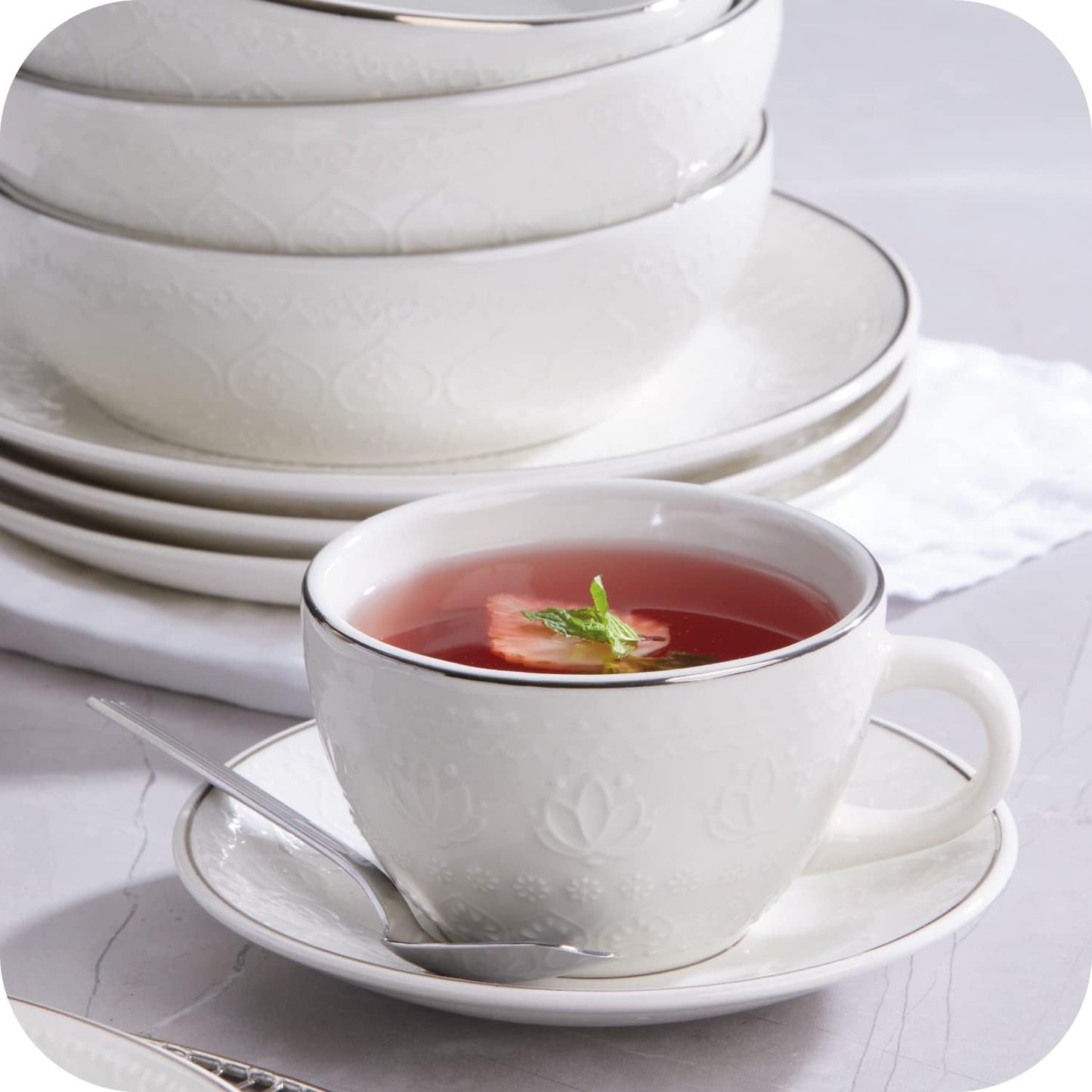 Corona 20–piece Silver-Rim Elegant Embossed Floral Pattern Ceramic Dinnerware Sets, Plates Bowls and Cups, Service For 4, Harmony