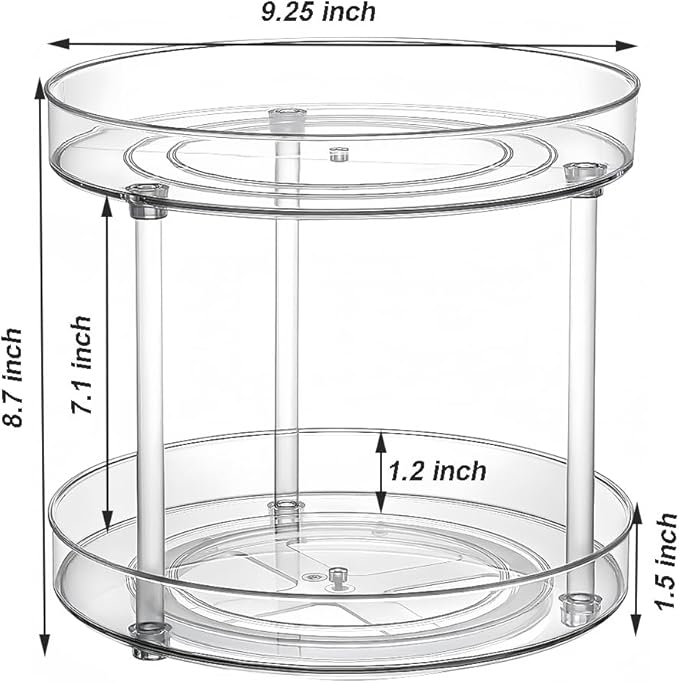 2 Tier 9.25Inch Clear Lazy Susan Organizer for Fridge and Cabinet, 360°Rotating Makeup Organizer, Cosmetic Display Cases, Under Sink Turntable Organizer for Kitchen Bathroom Dorm