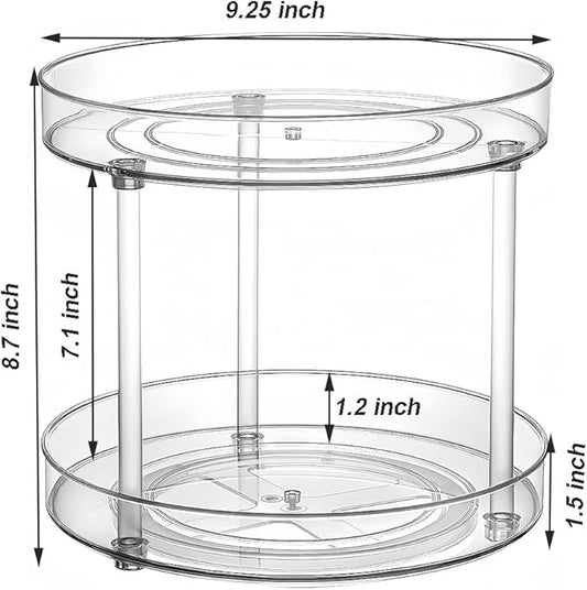 2 Tier 9.25Inch Clear Lazy Susan Organizer for Fridge and Cabinet, 360°Rotating Makeup Organizer, Cosmetic Display Cases, Under Sink Turntable Organizer for Kitchen Bathroom Dorm