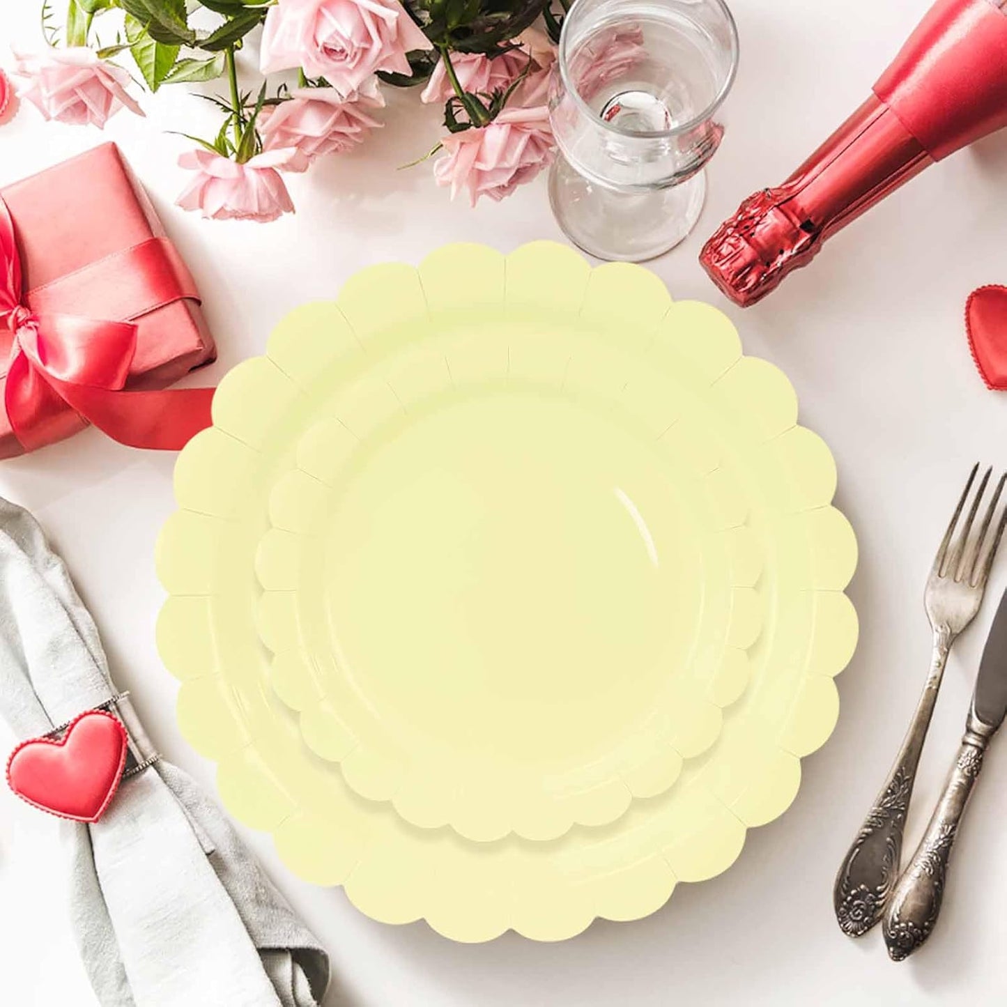 50 Pcs Yellow Scalloped Paper Plates 25 × 7'' and 25 × 9'' Disposable Yellow Scalloped Dinner Plates for Wedding Baby Shower Birthday Party Disposable Dessert Plate