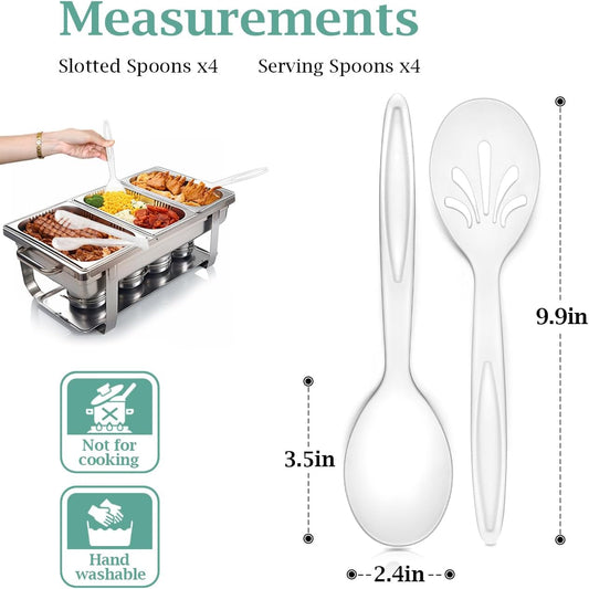 8 Pack 10" Large Reusable Plastic Serving Spoon Set, 4 Serving Spoons & 4 Slotted Spoons, Kitchen Mixing Serving Spoon for Buffet Chafing Dish Catering (Matte Clear, Not for Cooking)