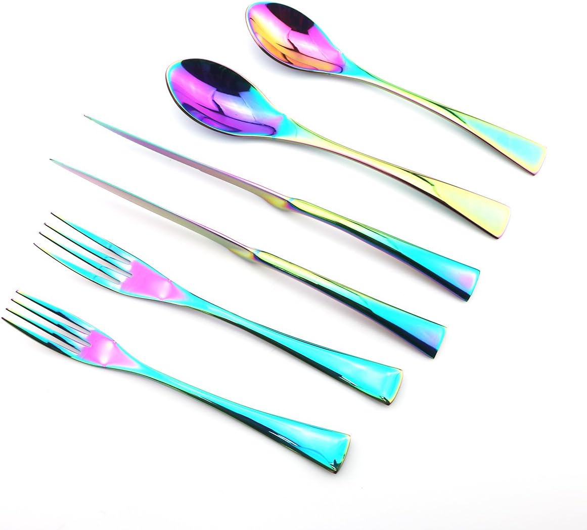 JASHII Luxury Shiny Flatware Set 24-Piece | Iridescent Silverware Sets | 18/10 Stainless Steel Dinnerware Set | Utensils For 4 | Rainbow Tableware,Dinner Knife STEAK Knife Fork DINNER DESSERT Spoon