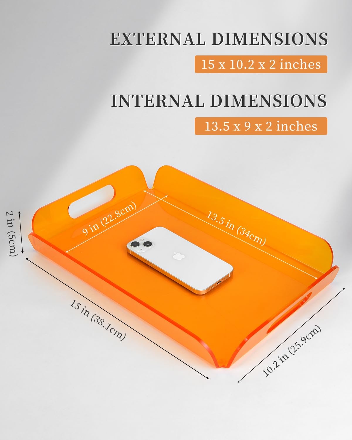 Translucent Orange Acrylic Tray 15x10.2 Inches - Stylish Serving Tray for Coffee Table, Kitchen, and Vanity - Durable and Modern Organizer