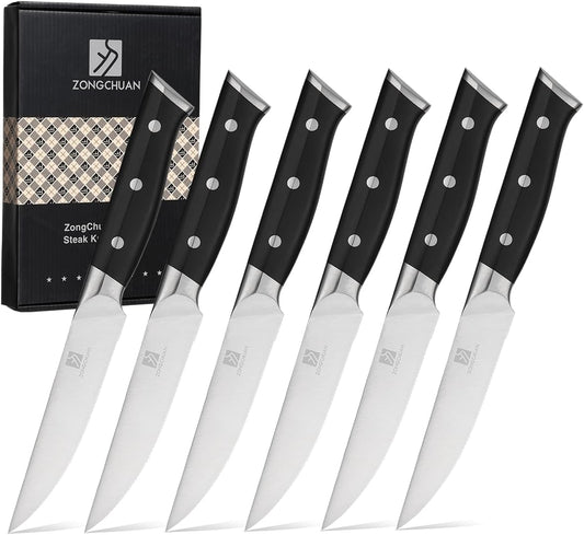 4.5 Inch Steak Knives Set of 6, Micro-Cutting Point Serrated Edge, Very Sharp Steak Knife, Dishwasher Safe, 50CR15MOV Stainless Steel, Handle Ergonomic And Full Tang Design With Gift Box