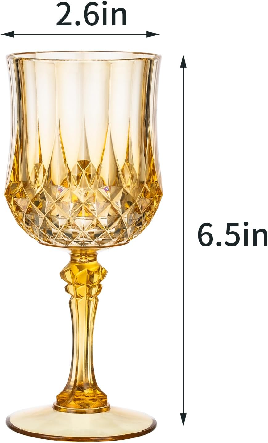 7OZ Plastic Wine Glasses, 48Pcs Amber Reusable Drinking Cups Vintage Champagne Flutes, Plastic Crystal Water Goblets for Parties Stemmed Shatterproof Drinking Glasses for Wedding, Toasting Party
