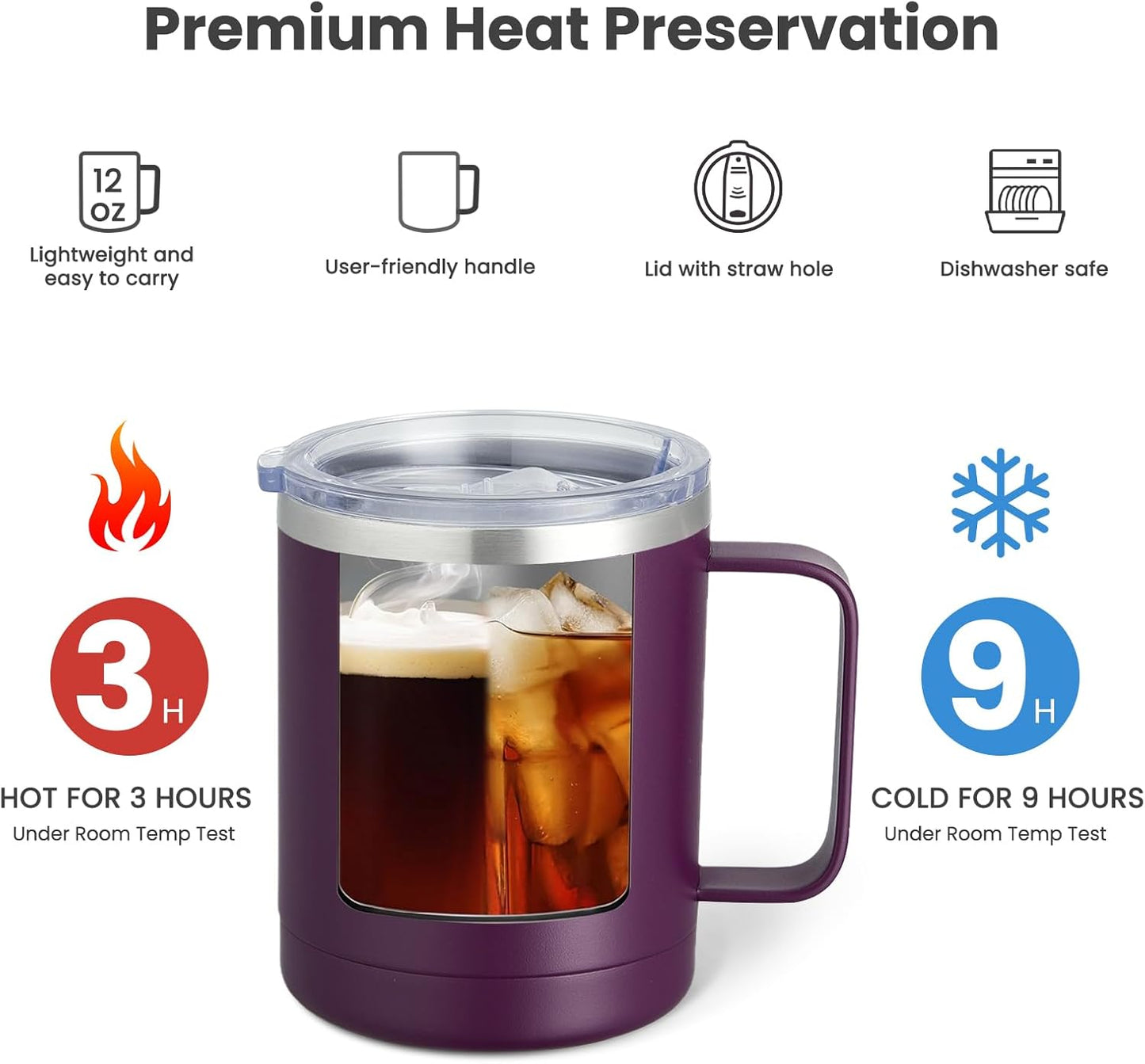 MEWAY 12oz Coffee Mug With Handle and Sliding Lid,Stainless Steel Travel Tumbler Cup with Handle,Double Wall Vacuum Insulated Camping Cup for Hot & Cold Drinks Tea (Plum,Set of 1)