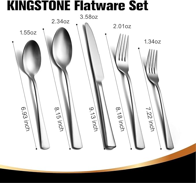 KINGSTONE 18/10 Stainless Steel Flatware, 5-Piece Forged Silverware Set for 1, Mirror Polished Cutlery Set Dishwaher Safe for Home, Restaurant, Wedding, Party