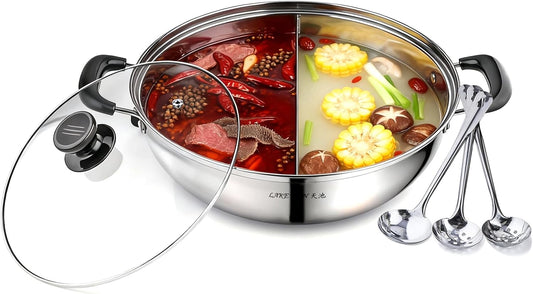 Stainless Steel Hot Pot with Divider Include 3 Spoons, Shabu Shabu Chinese Hot Pot With Lid, Dual Sided Yin Yang Pan with Divider Set, Portable, 12.6″