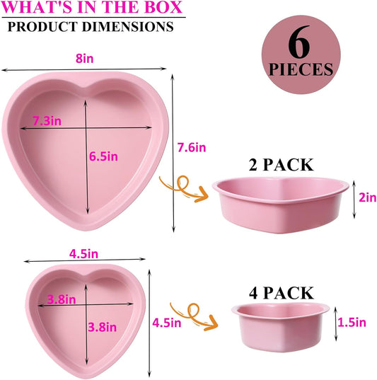 7 & 4 Inch Heart Shaped Cake Pans Set of 6, Pink Carbon Steel Baking Pans Set, Nonstick Heart Cake Mold for Baking, Small Cake Pans, Bakeware Sets for Valentine's Day Wedding
