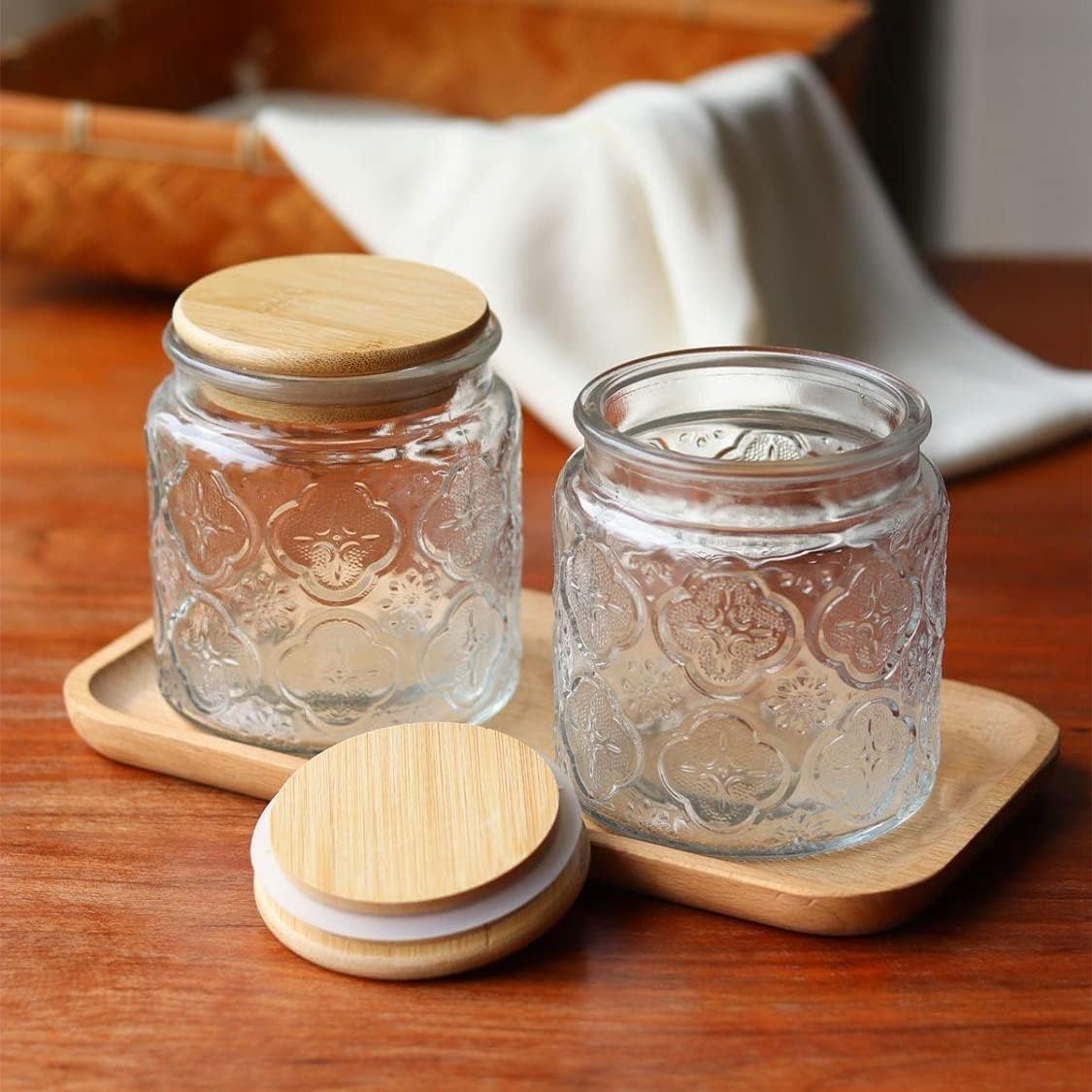 ANSQU Set of 4 Vintage Glass Airtight Storage Jars, 17 FL OZ Glass Storage Containers with Bamboo Lids, Canning Jar for Kitchen Counter, Pantry, Cookie, Coffee, Tea, Sugar, Cute Jars