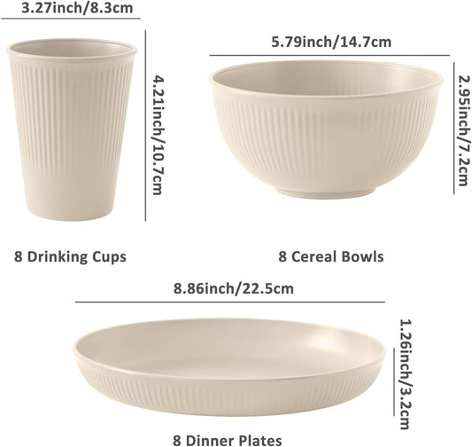 Wheat Straw Dinnerware Sets 24PCS -Set of 8, Reusable Plates and Bowls Set Dishwasher & Microwave Safe Cups Plates and Bowls Sets Shatterproof For Kitchen Outdoor Travel Camping